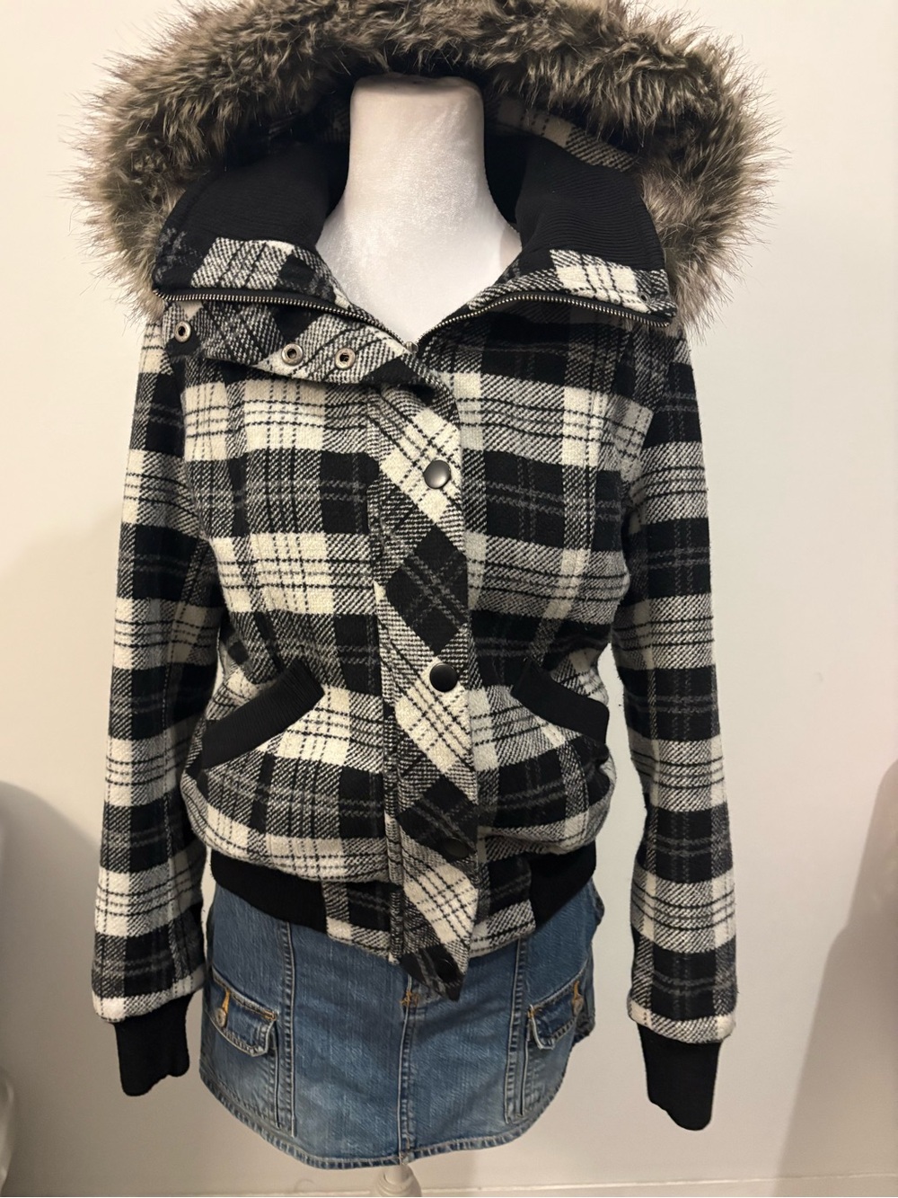 Y2K Plaid Faux Fur Hood Bomber Jacket Grunge McBling Winter Coat
